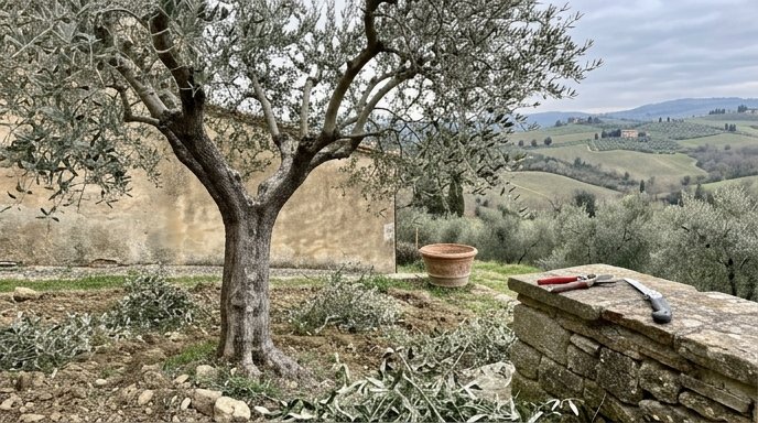 Ulivo da potare in un orto dell'Italia centrale con cesoie e ramo tagliato accanto a un muro in pietra
