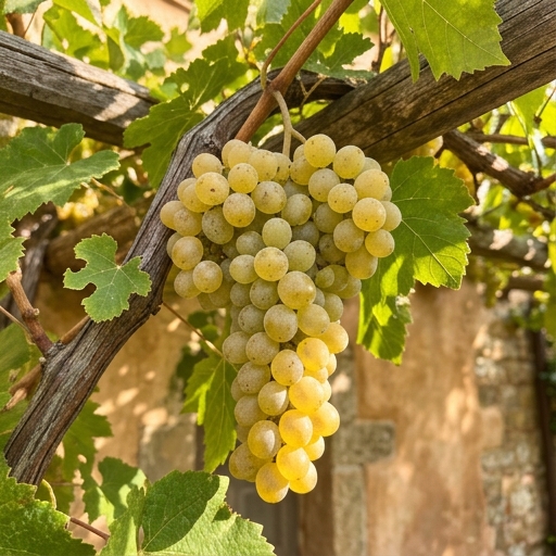 Grappolo di uva da tavola bianca con acini grandi e dorati appeso tra le foglie della vite sul pergolato