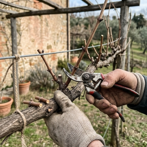Mani con cesoie che potano un tralcio legnoso della vite in inverno lungo il filo del pergolato spoglio