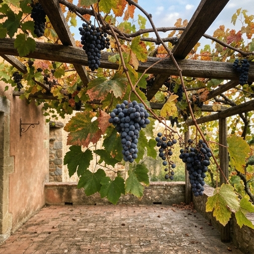 Grappoli di uva nera matura pronti per la raccolta che pendono dal pergolato sopra una terrazza in pietra