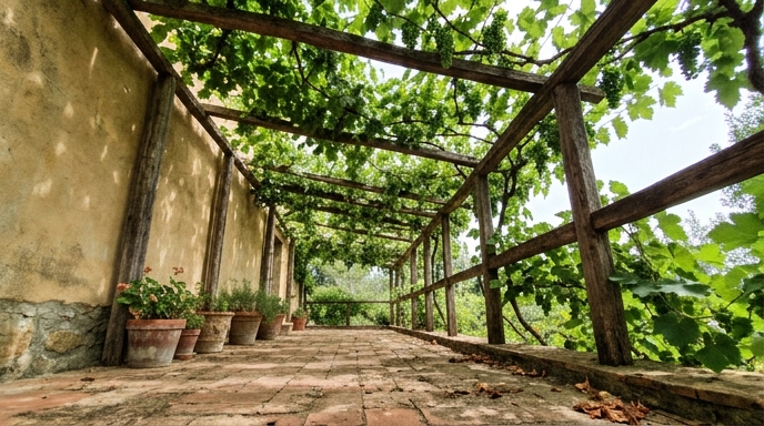 Pergolato in legno coperto di vite che proietta ombra screziata su una terrazza in cotto accanto a un muro intonacato
