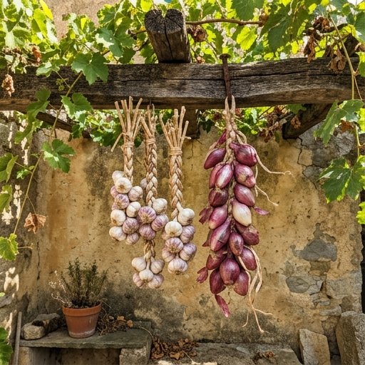 Trecce di aglio e cipolla appese sotto un pergolato in pietra di una casa rurale del Sud Italia