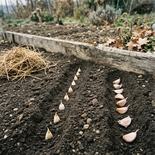 Mani che piantano spicchi d'aglio in file regolari su un letto di semina autunnale pacciamato con paglia