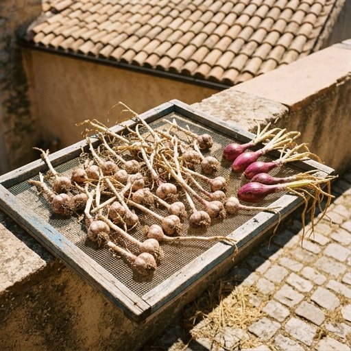 Bulbi di aglio e cipolla appena raccolti stesi su una rete ad asciugare in un cortile soleggiato del Sud Italia