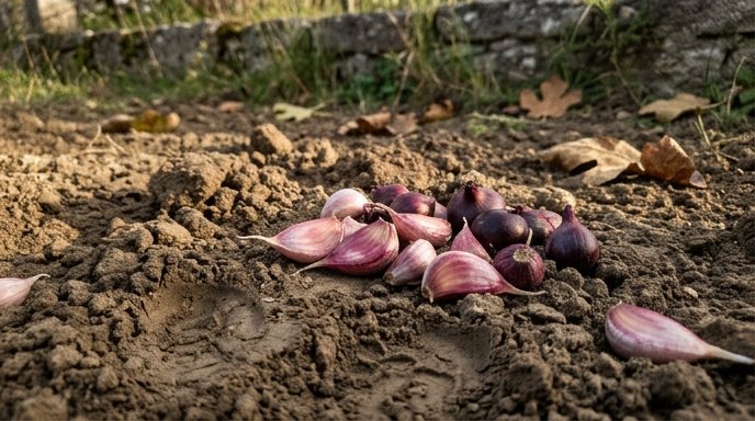 Spicchi di aglio rosso di Sulmona e bulbi di cipolla di Tropea appoggiati su terra di un orto autunnale in Abruzzo