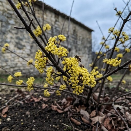 Bordo naturalistico stratificato in un giardino italiano con quercia giovane, siepe di biancospino e arbusti bassi lungo una recinzione
