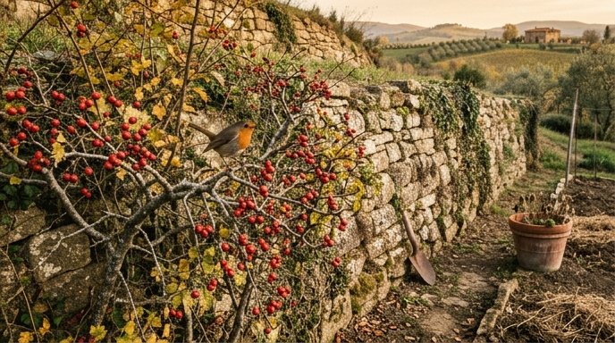 Siepe mista di biancospino e corniolo lungo un muro di pietra in un giardino italiano di collina con bacche rosse autunnali