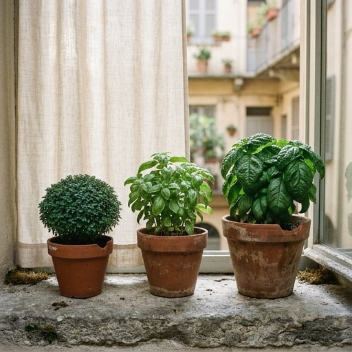 Confronto tra varietà di basilico italiano in vasi diversi: genovese a foglia grande, napoletano e greco a palla