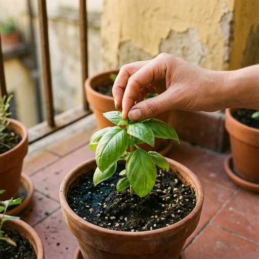 Mano che cima una pianta di basilico genovese togliendo l'apice vegetativo sopra la coppia di foglie superiore