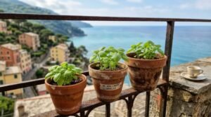 Piante di basilico genovese in vasi di terracotta su un balcone ligure con vista sul mare