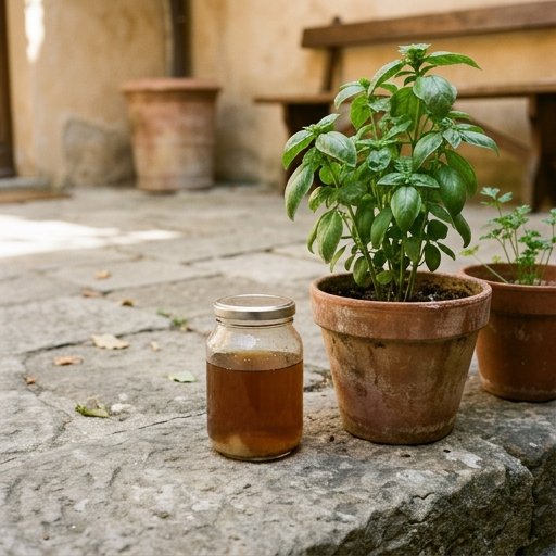 Piccolo contenitore con bokashi tea liquido scuro accanto a vaso di terracotta con pianta da orto