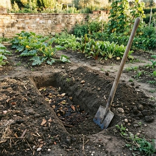 Materiale bokashi pre-fermentato interrato in trincea nell'orto di casa con pala e terra smossa