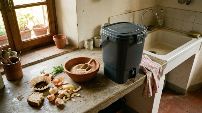 Secchio bokashi in terracotta su piano cucina con scarti organici e fermentino in ciotola accanto