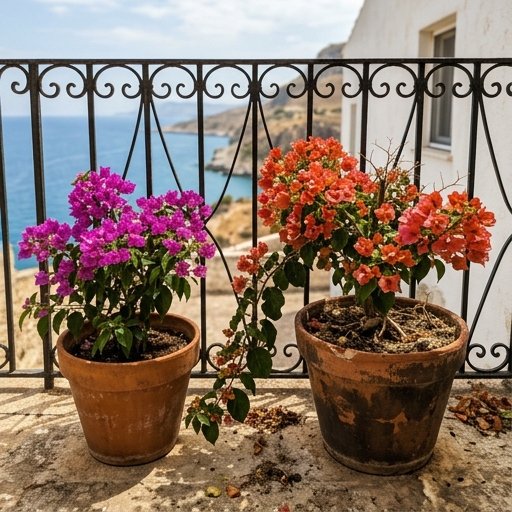 Vasi di bouganvillea glabra e spectabilis in terracotta allineati su una balconata in pietra con vista sul mare del Sud Italia