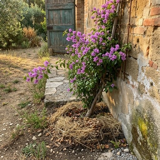 Bouganvillea in piena terra addossata a muro esposto a sud con pacciamatura di paglia alla base, Centro-Sud Italia