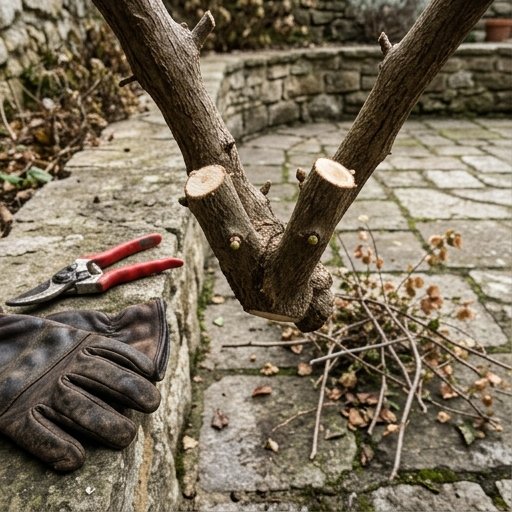 Potatura invernale di bouganvillea con forbici da giardiniere e guanti spessi, rami corti con gemme visibili in febbraio