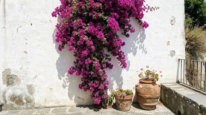 Cascata di brattee magenta di bouganvillea su muro bianco a calce con terrazzo in pietra, Sud Italia