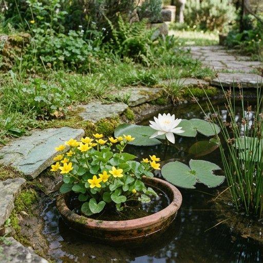 Calta palustre in fiore giallo sul bordo di un laghetto, con radici nell'acqua bassa