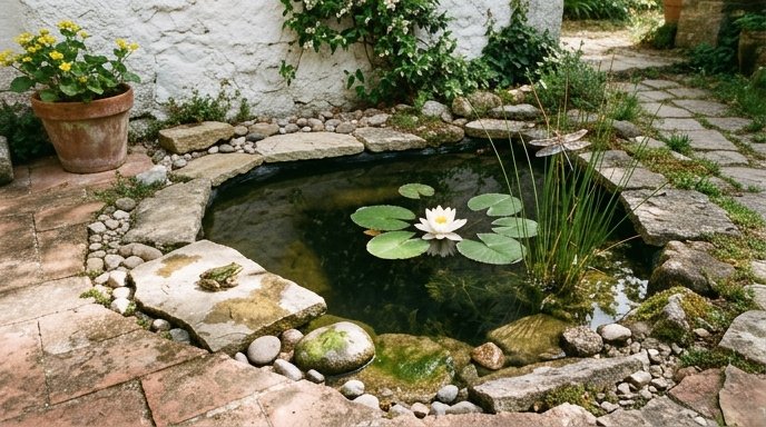 Piccolo laghetto naturale in giardino italiano con pietre e ninfee, circondato da vegetazione palustre
