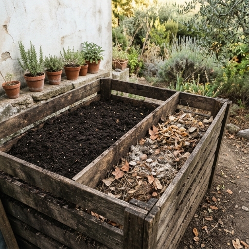 Compost con colorazione marrone scura uniforme accanto a materiale ancora parzialmente decomposto con chiazze chiare