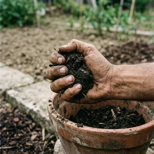 Mano che stringe un pugno di compost per testarne la struttura friabile nell'orto di casa