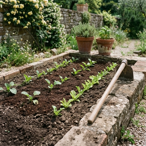 Compost maturo incorporato nel suolo di un orto italiano con zappa e filari di verdure al sole