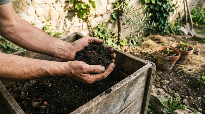 Mani che tengono compost maturo scuro e friabile sopra un cassone di compostaggio in un orto italiano