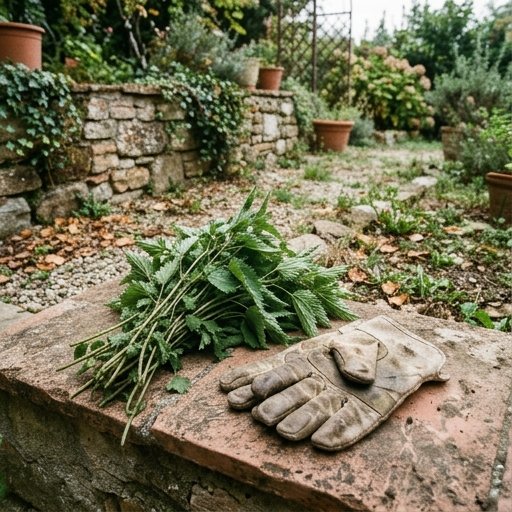 Mazzo di ortica comune raccolta in un parco italiano con guanti da giardino poggiati accanto