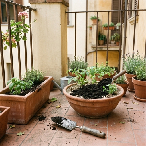 Compost maturo scuro e friabile versato in una aiuola di orto urbano su terrazza italiana