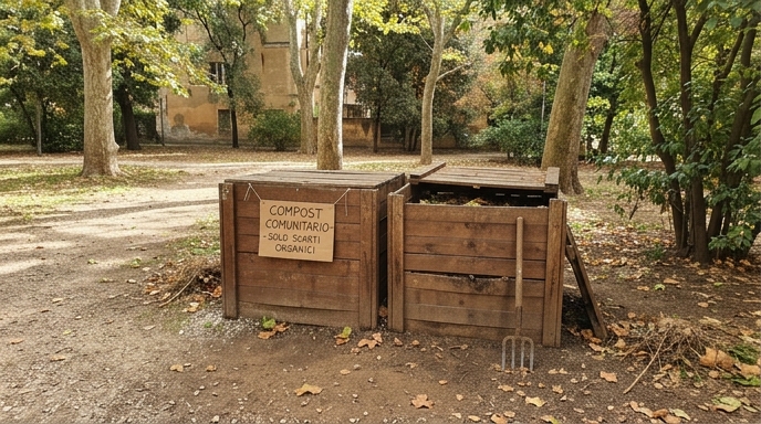 Isola di compostaggio comunitario in un parco urbano italiano con bidoni marroni e cartello scritto a mano