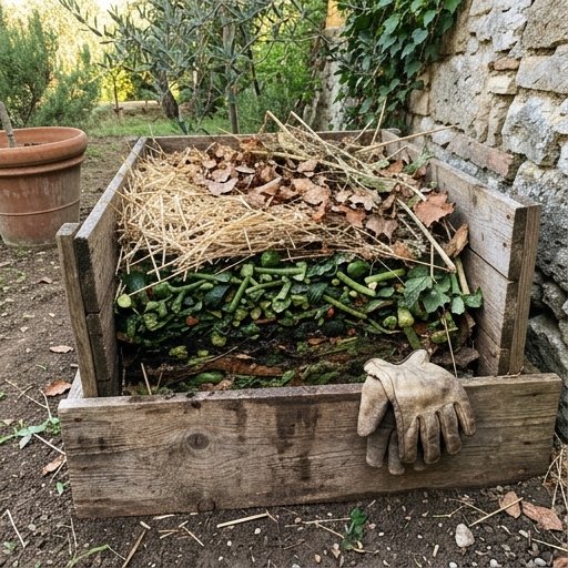 Strati alternati di materiale verde e bruno in un cumulo di compost in costruzione