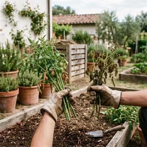 Mani con guanti che separano residui sani da piante malate di pomodoro nell'orto