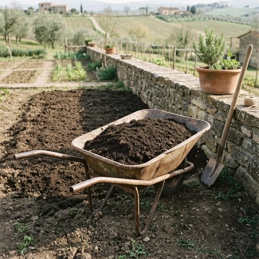 Compost maturo scuro e friabile in una carriola accanto a un orto pronto per la semina primaverile