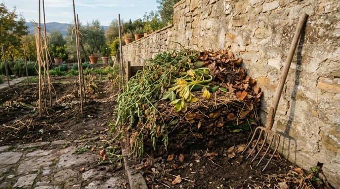 Cumulo di compost in un orto domestico italiano con residui di pomodoro e zucchina in decomposizione