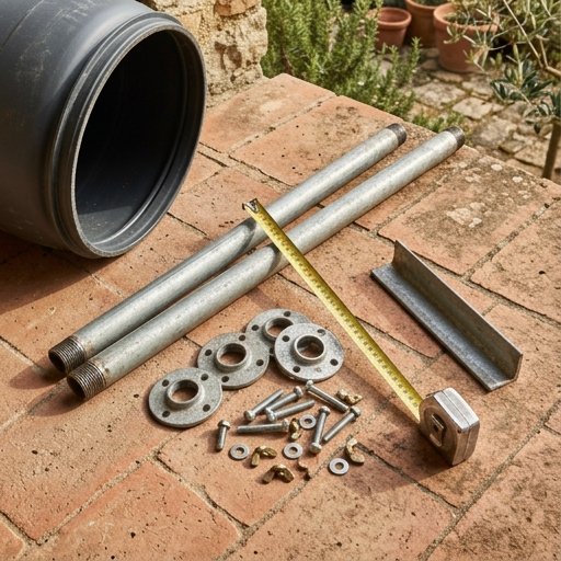 Materiali per costruire la compostiera a tamburo: bidone HDPE, tubi in acciaio zincato e flange su pavimento di pietra