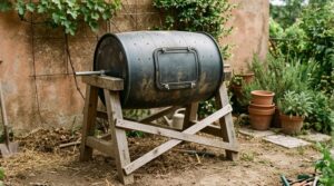 Compostiera a tamburo artigianale in HDPE grigio montata su struttura in legno in un cortile italiano