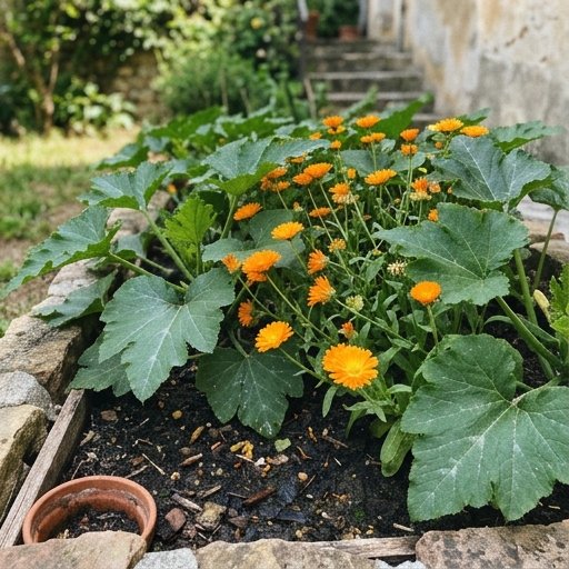 Fiori arancioni di calendula tra le piante di zucchina in un orto italiano su terreno scuro