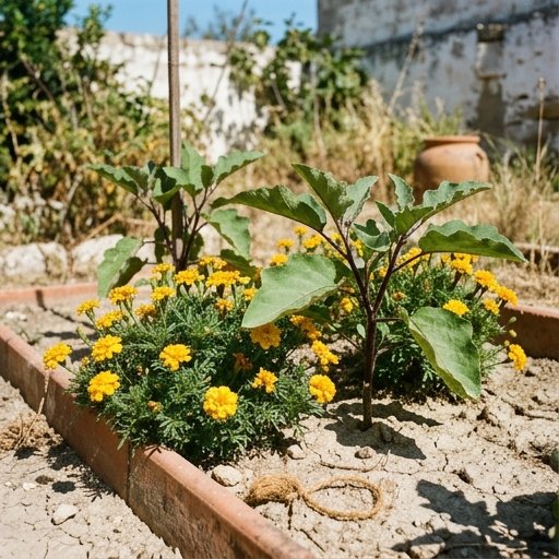Piante di tagete giallo-arancio vicino a melanzane in un orto soleggiato del Sud Italia
