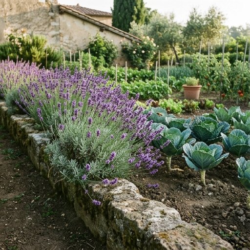 Cespugli di lavanda in fiore lungo il bordo di un'aiuola di cavoli in un orto italiano