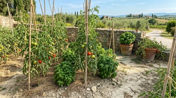 Orto italiano con pomodori e basilico in vasi di terracotta affiancati sotto il sole estivo