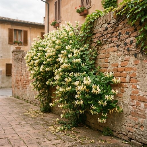 Glicine e caprifoglio italico su muro di confine in mattoni di un giardino del centro Italia