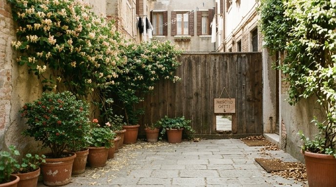 Siepe mista di biancospino e viburno lungo un muro di confine in un giardino urbano italiano