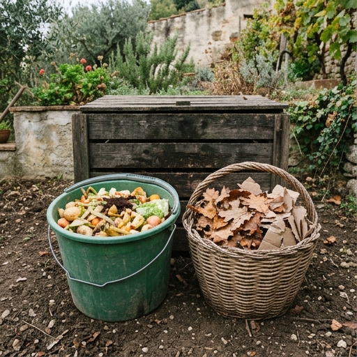 Due secchi di materiale verde e marrone accanto a una compostiera in un giardino italiano