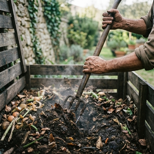 Mani con forcone che rimescolano il contenuto di una compostiera in un orto italiano