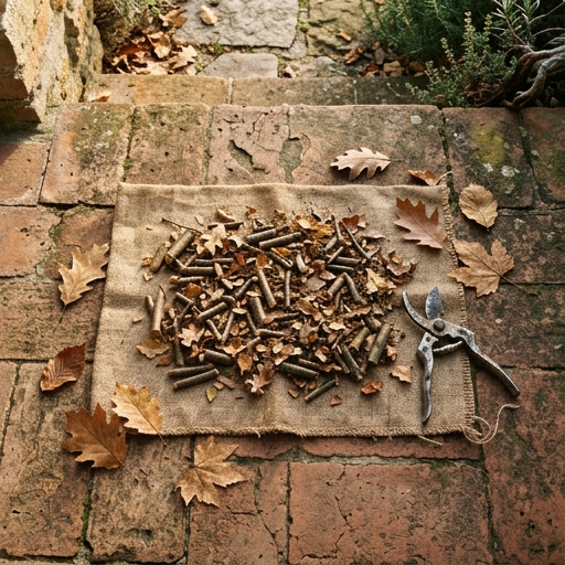 Rametti e foglie tagliati a pezzi piccoli su un telo da giardino prima di essere aggiunti al compost