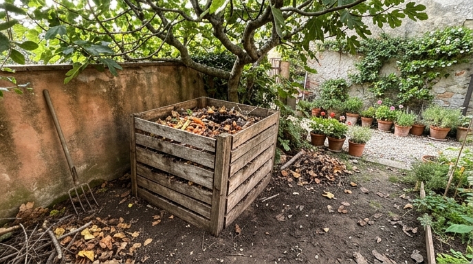 Compostiera in legno in un angolo di giardino italiano con scarti vegetali e foglie secche visibili