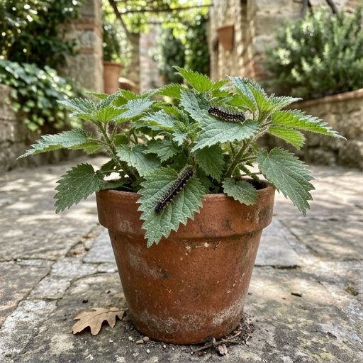 Bruco di Vanessa atalanta su foglie di ortica comune in un vaso di terracotta in pieno sole