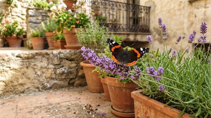 Una Vanessa atalanta dalle ali rosse e nere posata su un fiore di lavanda in un giardino italiano soleggiato