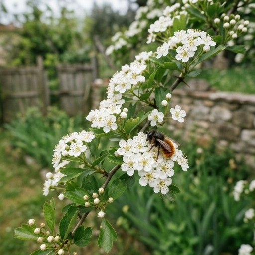 Osmia cornuta su fiore di biancospino in primavera, ape solitaria con addome rosso-ruggine, giardino italiano