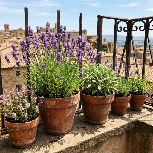 Vasi di terracotta con lavanda e timo su balcone soleggiato italiano, api in volo tra i fiori viola in estate